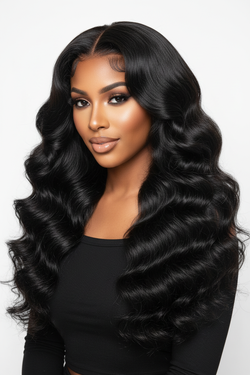 Woman wearing Natural Black Thick Body Wave Hair — Suzie's Dream Girl Beauty Hair