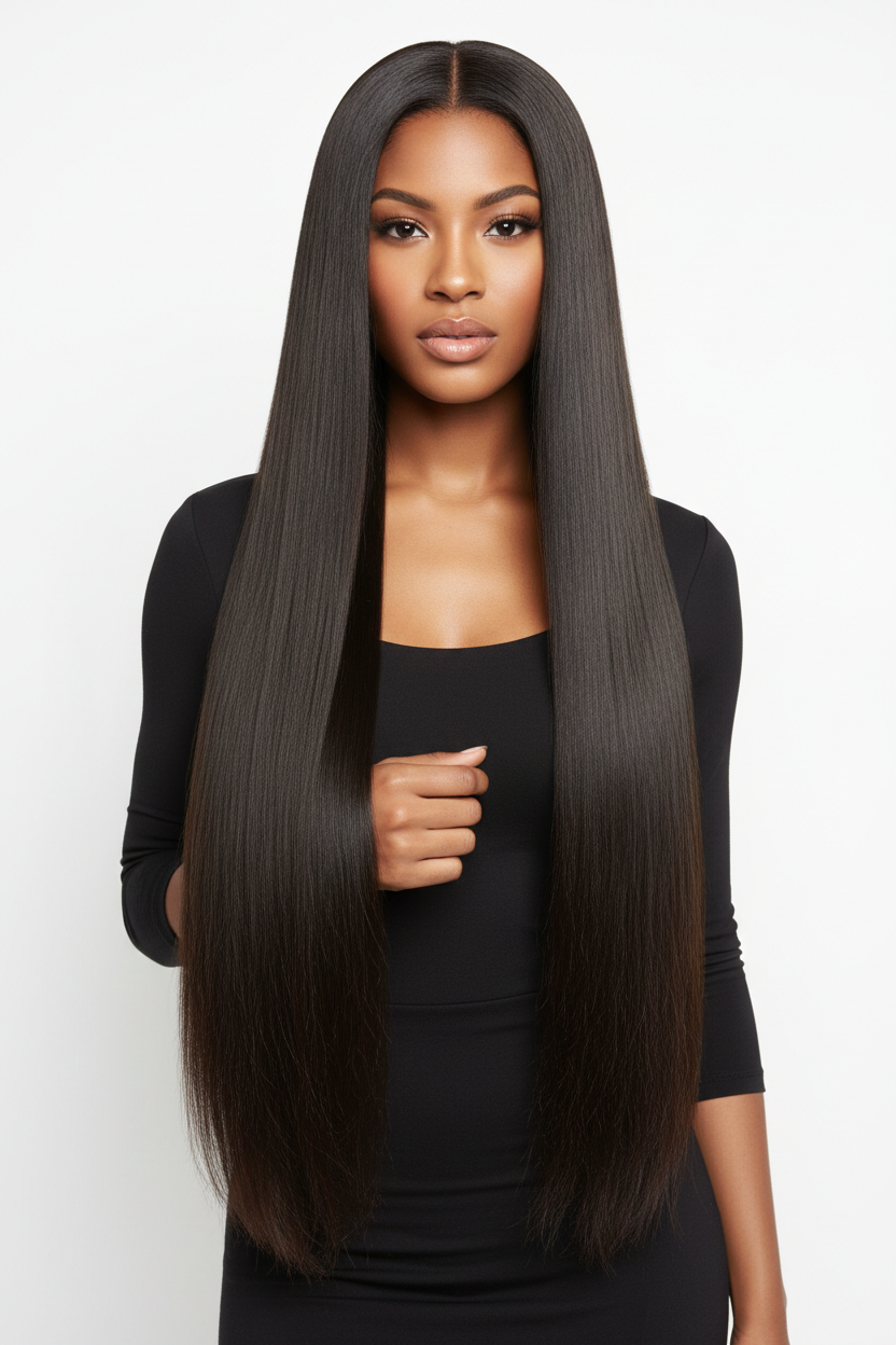 Woman wearing Virgin Brazilian Straight Hair — Suzie's Dream Girl Beauty Hair